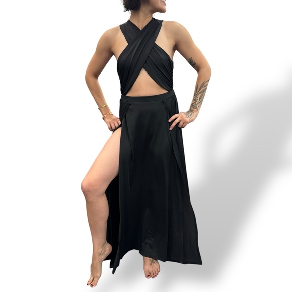 Elegant Black Wrap Slip Dress Side Slits cutout dress Size Medium - Picture 1 of 8